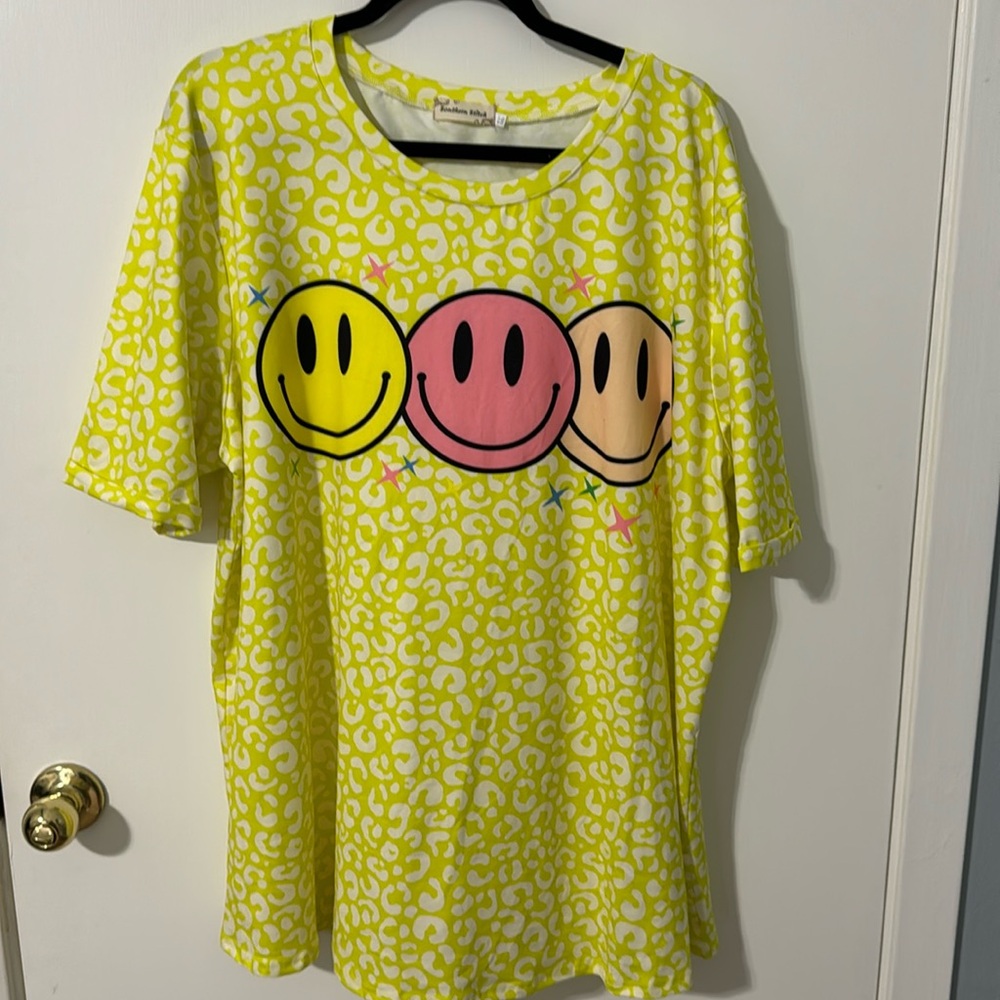 Bright lime green/yellow cheetah smiley face shirt